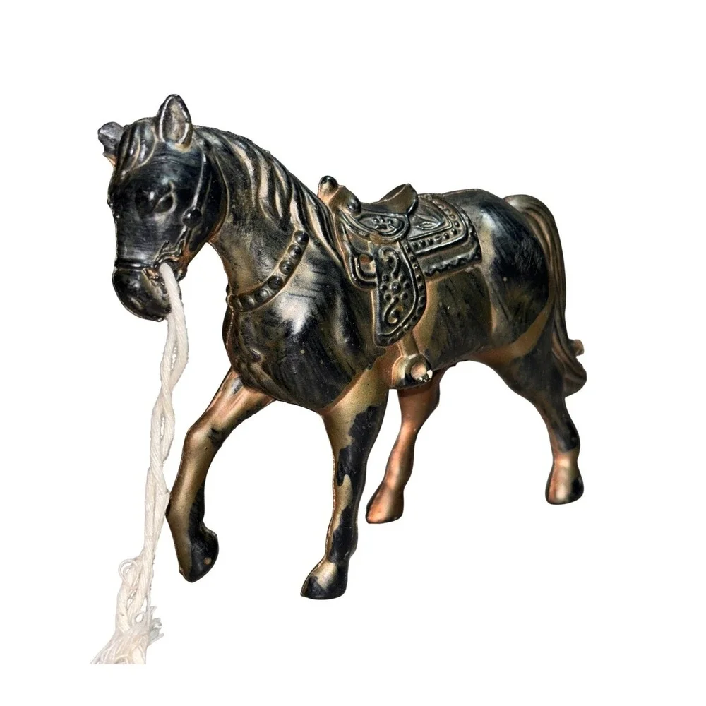 Vintage Hong Kong‎ Plastic Horse Figurine Black Copper Western Saddle Lead Rope